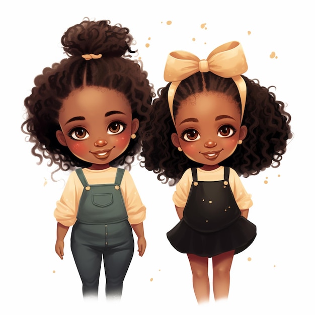 Foto cartoon illustratie van twee kleine meisjes met krullend haar en een boog generatieve ai