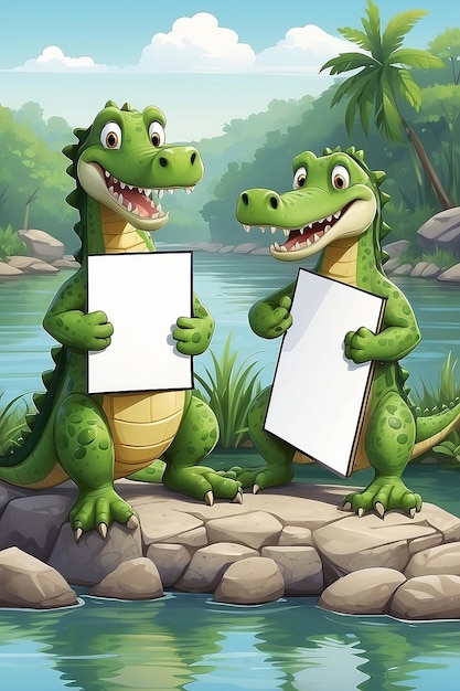 Cartoon illustratie van twee krokodillen met een leeg bord bij de rivier