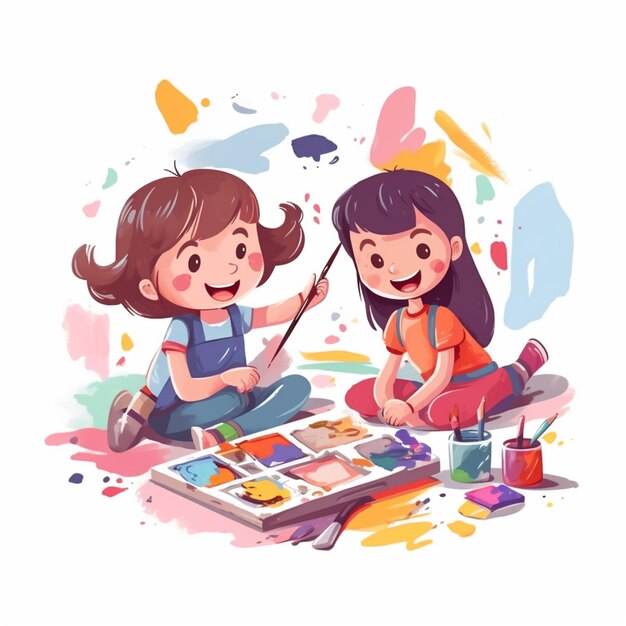 cartoon illustratie van twee meisjes schilderen op een doek generatieve ai