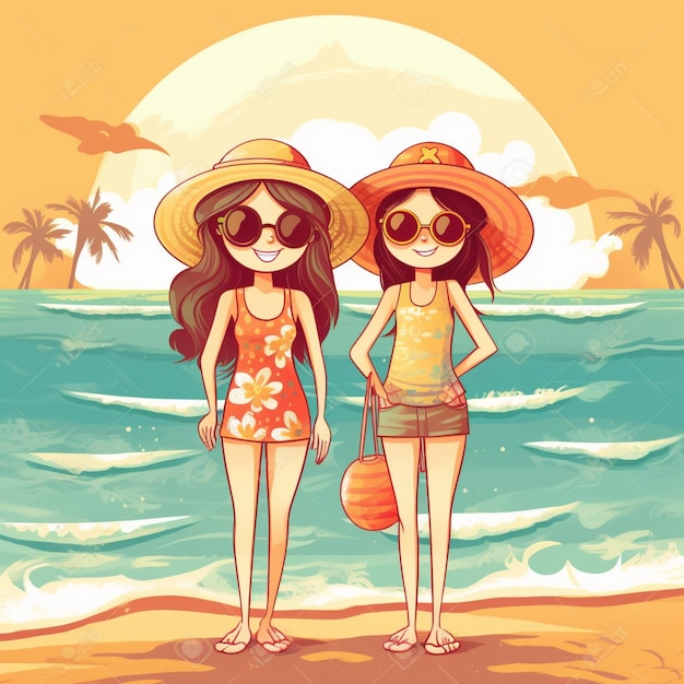 cartoon illustratie van twee vrouwen in zwembroeken en hoeden op het strand generatieve ai