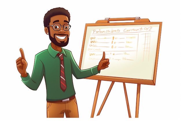 Photo cartoon illustration of an african teacher happy next to the blackboard in a classroom
