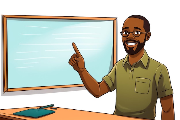 Photo cartoon illustration of an african teacher happy next to the blackboard in a classroom