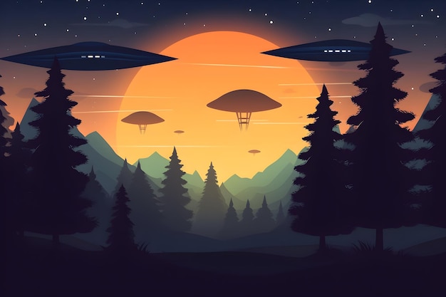 A cartoon illustration of alien spaceships flying over a forest.