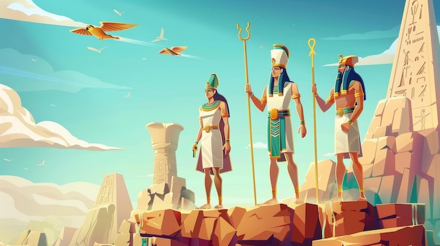 Cartoon illustration of Amun Ra Horus Pharaoh and queen Cleopatra ancient Egyptian deities holding divine power staffs in the air above rocks Egyptian gods cartoon horizontal banners modern