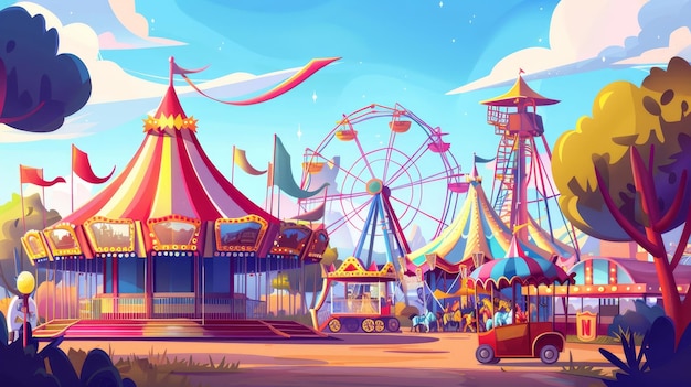 Photo cartoon illustration of an amusement park a carnival or a festive fair with a circus tent symbolism arrow pointer a carousel a merrygoround a ferris wheel a roller coaster and children