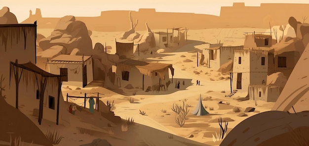 Cartoon illustration of an ancient city with inhabitants in the desert Generative ai