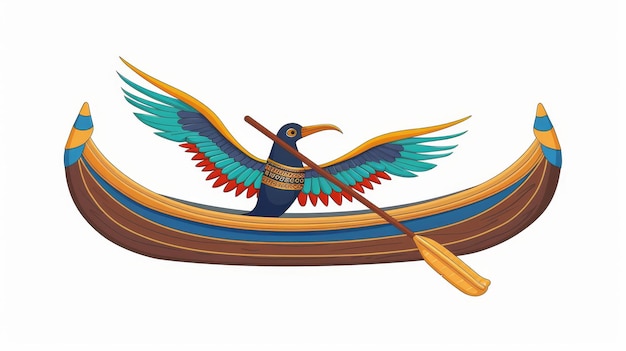 Photo cartoon illustration of ancient egypt wooden boat with oar or paddle for sun god trip egyptian culture religious symbol decorated barque with bird for ancient god day and night change symbol