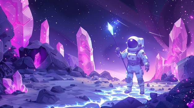 エイリアン惑星の宇宙飛行士の漫画 宇宙飛行士が地面にスタッフを抱き周りには輝く結晶と岩石があります 宇宙を探索する見知らぬ人 現代の漫画イラスト