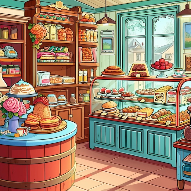 cartoon illustration of a bakery with a variety of baked goods generative ai