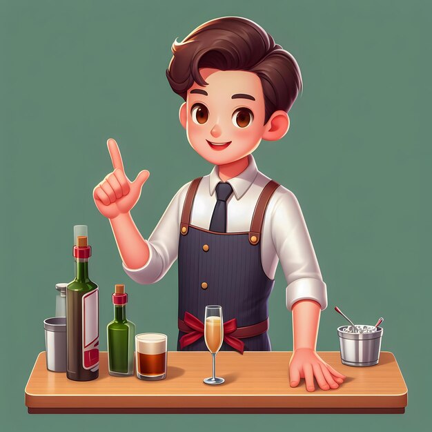 Photo cartoon illustration of a bartender with a glass of wine and a bottle generative ai