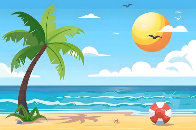 Photo a cartoon illustration of a beach scene with palm trees and a beach scene