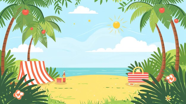 Photo a cartoon illustration of a beach scene with palm trees a tent and a picnic basket