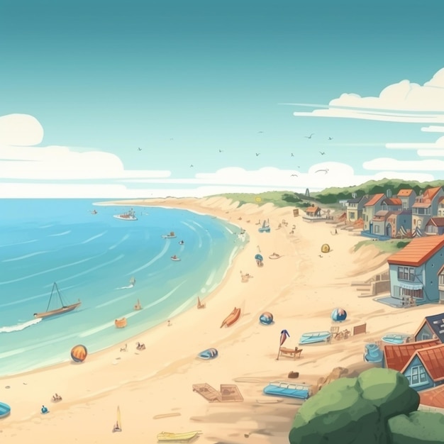 Cartoon illustration of a beach with a lot of people and boats generative ai