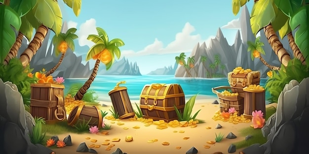 A cartoon illustration of a beach with a treasure chest and gold coins.