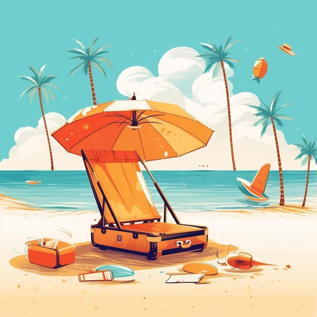 A cartoon illustration of a beach with an umbrella on it