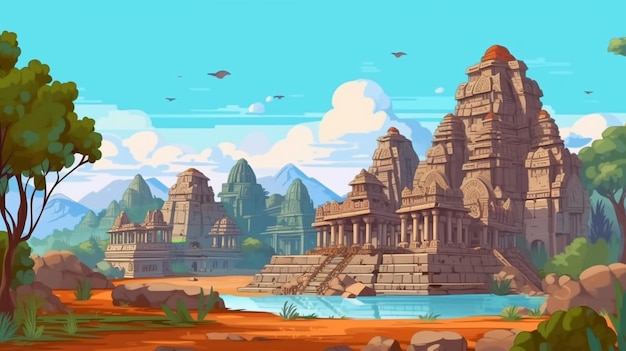 A cartoon illustration of a beautiful ancient temple in the middle of a desert generative ai