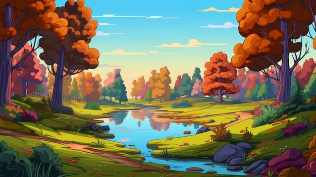 Cartoon illustration of a beautiful autumn forest with a river and colorful trees generative ai