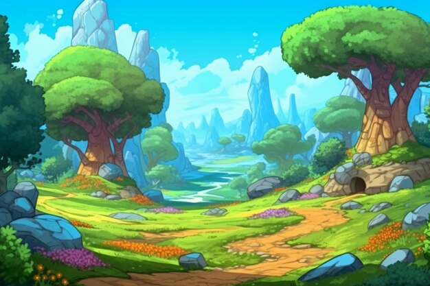 Cartoon illustration of a beautiful forest with a river and rocks generative ai