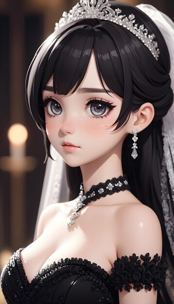 Cartoon illustration of beautiful girl wearing black wedding dress