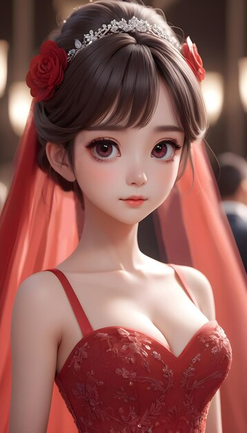 Cartoon illustration of beautiful girl wearing red wedding dress