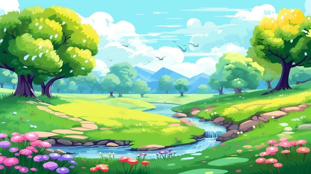 A cartoon illustration of a beautiful green landscape with a stream generative ai