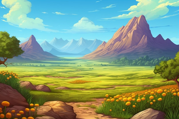 Photo cartoon illustration of a beautiful mountain valley with a path through it generative ai