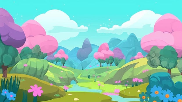 Cartoon illustration of a beautiful spring landscape with a river and trees generative ai