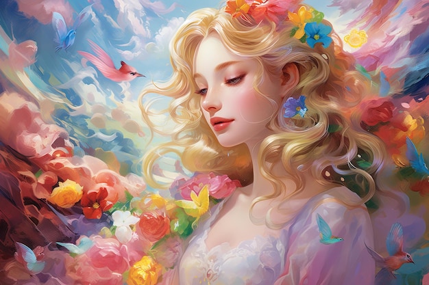 Cartoon illustration of a beautiful young fantasy girl concept digital art wallpaper background