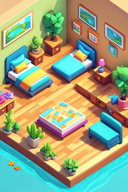 a cartoon illustration of a bedroom with a bed and a bed with a plant in the corner.