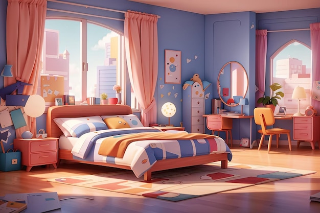 Cartoon illustration of a bedroom with a bed generative ai