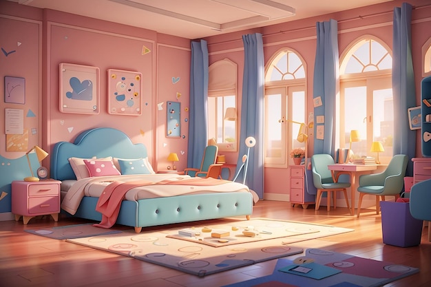 Cartoon illustration of a bedroom with a bed generative ai