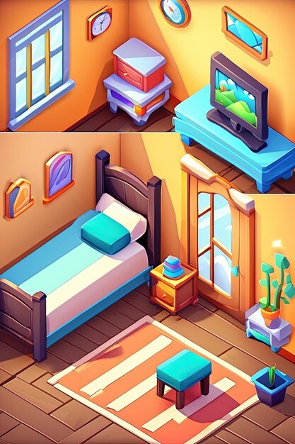 Photo a cartoon illustration of a bedroom with a bed and a window.