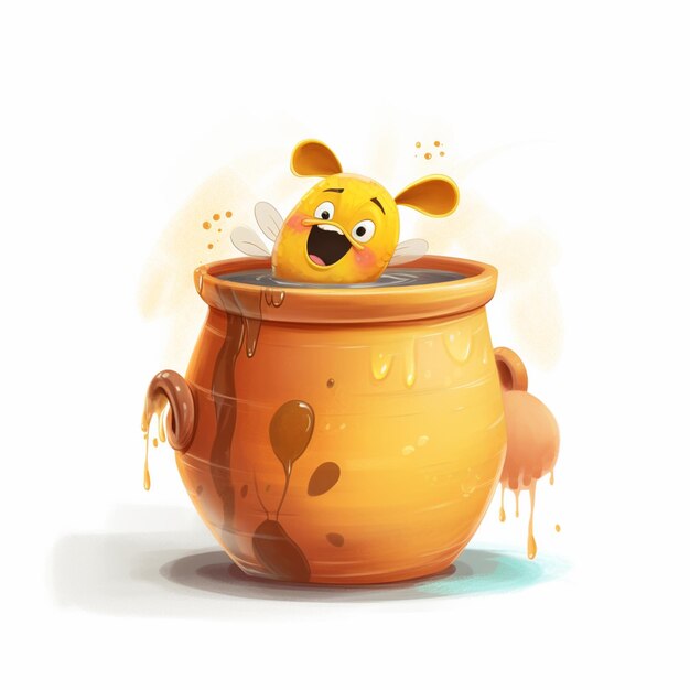 Photo cartoon illustration of a bee in a pot with honey dripping from it generative ai