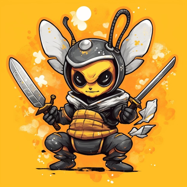 Cartoon illustration of a bee with a helmet and two swords generative ai