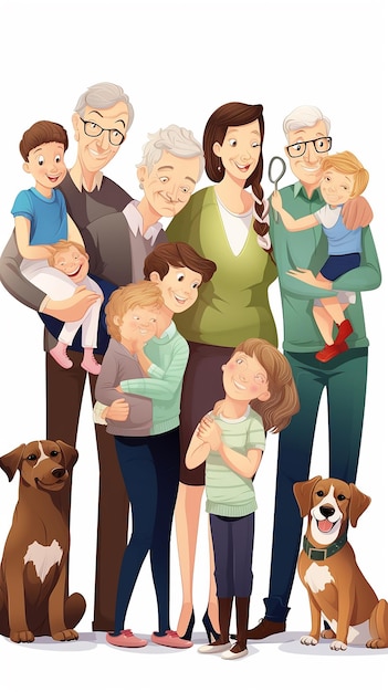 cartoon illustration Big family happy parents chill