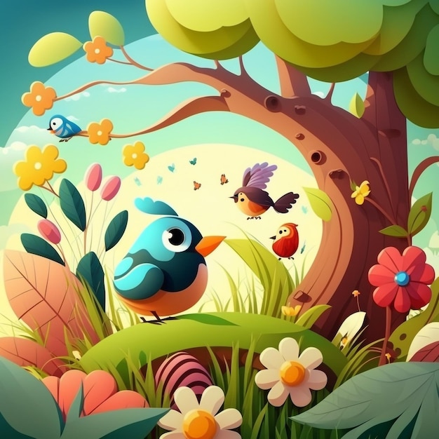 A cartoon illustration of a bird with a tree and flowers.