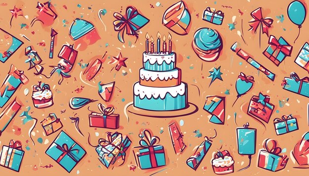 Foto un'illustrazione di cartone animato di una torta di compleanno con regali e regali