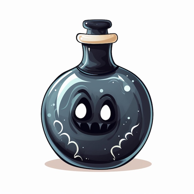 cartoon illustration of a black bottle with a creepy face generative ai