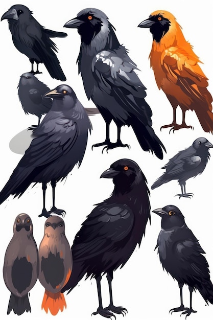 Cartoon illustration of black crows set Halloween illustration