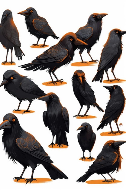 Cartoon illustration of black crows set Halloween illustration