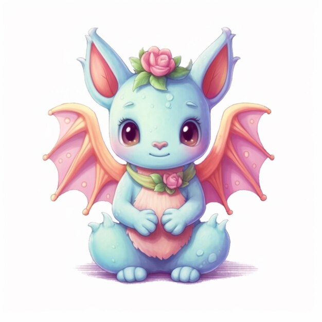 Cartoon illustration of a blue dragon with a pink rose in its mouth generative ai