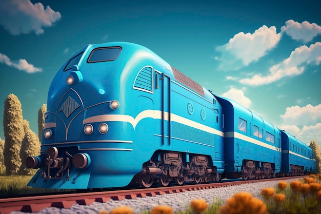 Cartoon illustration of blue train with railway carriages ai generative