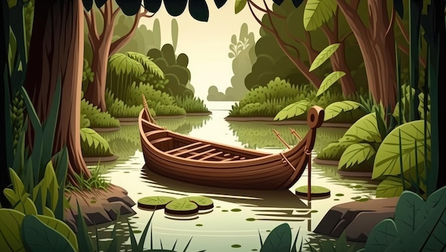 A cartoon illustration of a boat in a forest.