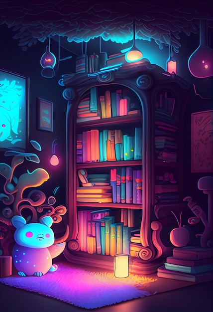 A cartoon illustration of a bookcase with a purple animal on it.