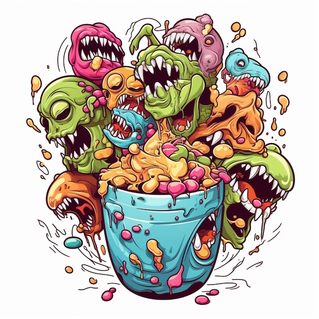Photo cartoon illustration of a bowl of cereal with monsters eating it generative ai