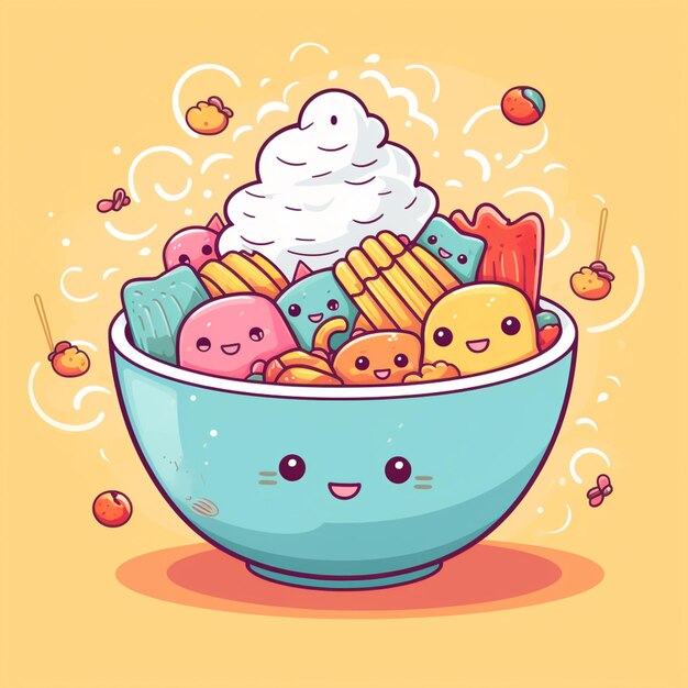 cartoon illustration of a bowl of food with a lot of different foods generative ai