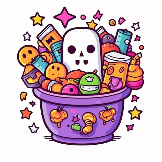 A cartoon illustration of a bowl full of halloween food generative ai