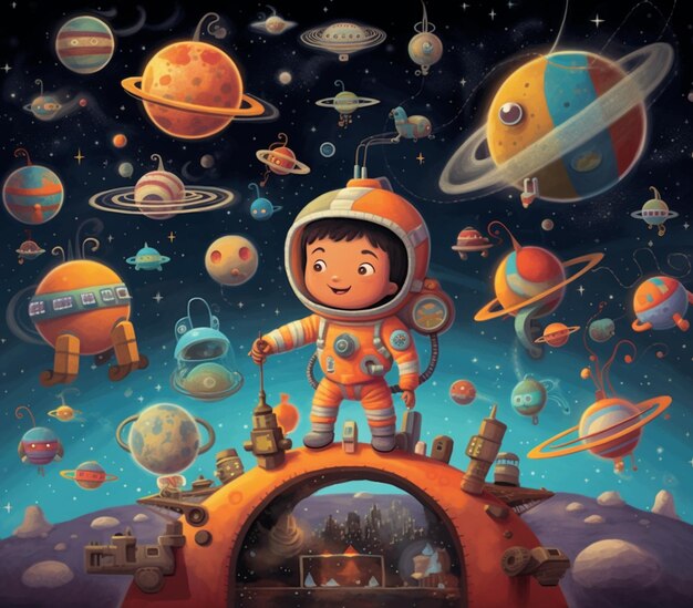 Cartoon illustration of a boy in an astronaut suit standing on a space station generative ai