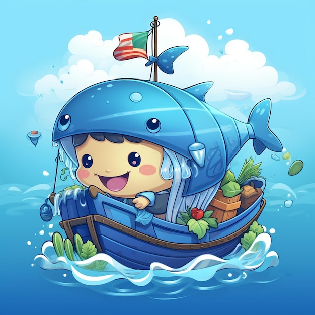 a cartoon illustration of a boy in a blue boat with a fish on the front.