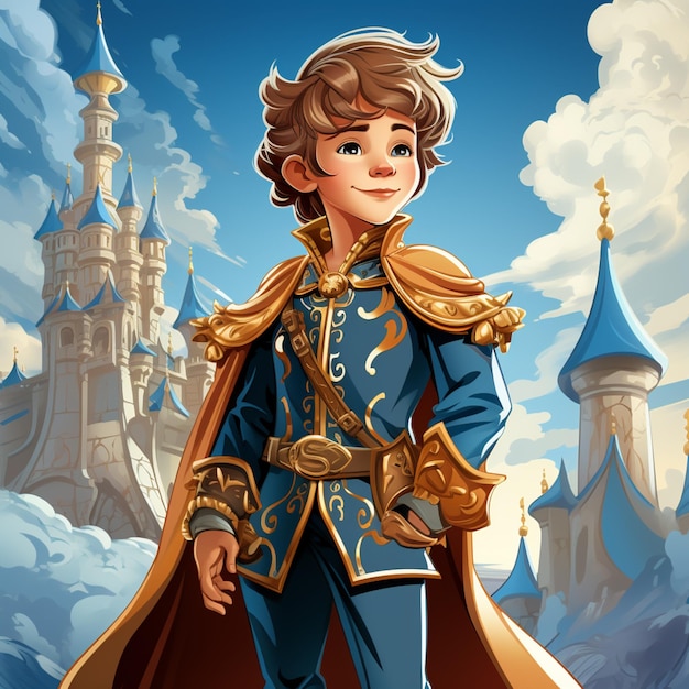 cartoon illustration of a boy in a blue suit and gold cape standing in front of a castle generative ai